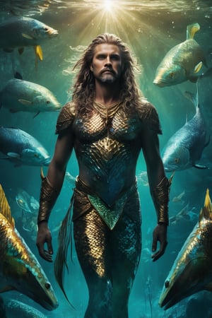 hyperrealistic, a masterpiece movie poster. Beneath the surface of a crystal-clear lake, Nereus, a regal merman warlord, commands his aquatic legions with grace and ferocity. The refracted, shimmering light of the sun dances across his iridescent scales, revealing the intricate patterns and subtle color variations that adorn his powerful form.