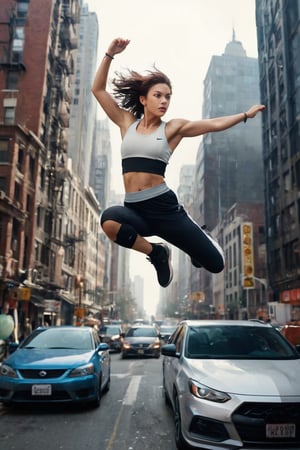 A captivating and enigmatic movie still portrays a young woman in athletic attire, boundlessly leaping over cars and seamlessly executing parkour moves across the bustling city streets. Her focused, determined expression radiates as she masterfully navigates the urban jungle with finesse and agility. The background presents a cacophonous cityscape, teeming with honking horns, exasperated drivers, and pigeons fluttering in disarray. The artist's deft touch brings to life the dynamic composition and intricate rendering, emphasizing the protagonist's athleticism and the kinetic energy of her surroundings, dynamic, urban, detailed, energetic, chaotic cityscape.