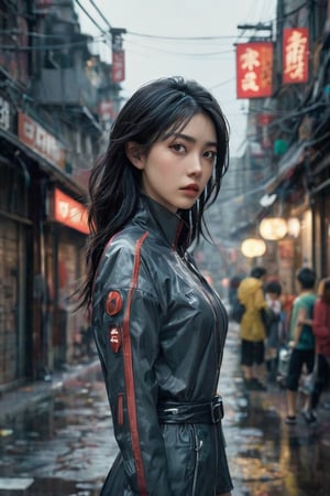 hyperrealistic, a masterpiece shot, (((gorgeous young woman))), full body lean forward, Gumiho, ((masterpiece)), ((best quality)), (((photo Realistic))), extremely detailed cg 8k wallpaper, Japanese female android in dystopian hybrid futuristic attire on a desolate street, overcast, ruins, cinematic, 32k.
