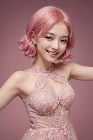 A young alluring woman wearing pink hair in a transparent hollow pink lace dress, in the style of hyperrealism and photorealism,she is at the seductive bending pose, UHD image, soft-focused realism, pastel color, babycore, gentle smile,better photography,dal