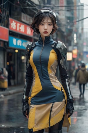hyperrealistic, a masterpiece shot, (((gorgeous young woman))), full body lean forward, Gumiho, ((masterpiece)), ((best quality)), (((photo Realistic))), extremely detailed cg 8k wallpaper, Japanese female android in dystopian hybrid futuristic attire on a desolate street, beautiful eyes, slight smiling, space tech suit, overcast, a gigantic floating alien beast head in the ruins background, cinematic, 32k.