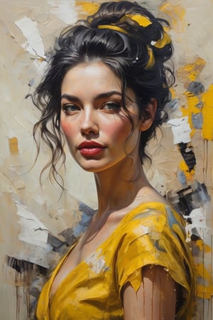 hyperrealistic art style, a masterpiece painting on torn paper. A mesmerizing vintage oil painting featuring a gorgeous woman wearing a yellow dress, in the style of joram roukes, dance while head backward, neil gaiman, graceful movements, stanley pinker, made of glass, disintegrated, heavy brush stroke, very detailed background. 