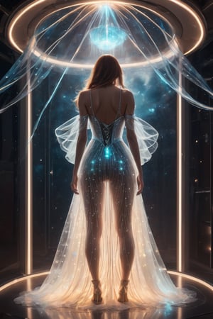 A surreal and dreamlike photograph of a slender young woman standing in a futuristic space cabin The sexy woman is clothed in thousands of luminescent strings that wind tightly around her, beginning at her shoulders and extending down to her upper legs. This ethereal binding seems to both conceal and accentuate, leaving her to the viewer's imagination. The glowing string emits a bright light, casting a glow and drawing the eye to the subject. The image is slightly blurry, adding to the surreal and dreamlike quality of the image and further immersing the viewer in the scene.