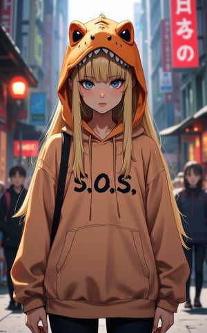 Ghibli studio anime style. A young college girl, blonde hair, blue eyes, standing in the middle of a bustling street. She is wearing a playful hoodie with a hood designed to resemble a plush T-rex head with cute, rounded teeth and spines along the top, giving it a toy-like appearance. The word 'S.O.S ' is written prominently on the front of the hoodie. Dramatic lighting emphasizes her lustful expression.