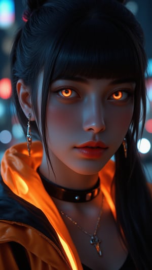 Pretty model with vibrant neon-colored eye, focusing on intense black eyeshadow, glowing orange collar of a high-tech jacket visible, cyberpunk-inspired hairstyle with subtle colored highlights, background showing blurred city lights at night, piercing gaze directly at the camera, photorealistic, 4K, rich detailing. Perfect face, simetrical face, simetrical eyes, ultra detailed, sharp focus, 8k, high definition, insanely detailed, 