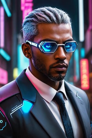 ((masterpiece)), ((best quality)), (((photo Realistic))), (portrait photo), (8k, RAW photo, best quality, masterpiece:1.2), (realistic, photo-realistic:1.3). A striking image of a cyberpunk protagonist, a black man with grey hair and robotic eyes, dressed in a sharp suit. His cybernetic eyes emit a cool blue light that contrasts with the dimly lit, neon-lit cityscape. Hovering vehicles and futuristic architecture fill the background, while a holographic 'Hal Cinah' signature is subtly integrated into the scene, hovering above his head. The overall atmosphere is bold, futuristic, and slightly dystopian.,digitalste,cyberpunk