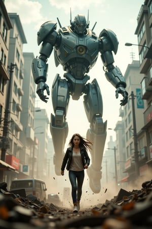 Bottom low angle view, distorted perspective. A post-apocalyptic image, sharp focus on a young woman heroine with determined face running away from the silhouette of a giant robot jump down from high and its massive hand reaching down to the woman. She is fast running in the very front while the robot's right hand smashed the ground on her left side. Dramatic dystopian city, debris, dust, fog, depth of field, motion blur, cinematic composition, lens-flares. Cinema 4D movie,Fantasy detailers,cyberhelmet