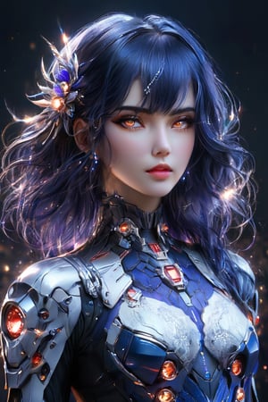 ((masterpiece)), ((best quality)), (((photo Realistic))), (portrait photo), (8k, RAW photo, best quality, masterpiece:1.2), (realistic, photo-realistic:1.3). A stunning 4K high-quality photo of a beautiful woman wearing a white mecha adorned with dazzling lights. Her face, with a captivating gaze, is perfectly enhanced with blue-toned makeup, including dark blue eyeliner, red lip gloss, and a delicate hairpin. Her dark blue hair is a blend of silver, violet, and blue hues, with a gradient effect. The background showcases a complex setting with dark blue flowers and intricate clothing, all against a backdrop of a godly landscape. The atmosphere is filled with a sense of wonder, as the woman's outfit billows in the wind. This photograph truly captures the essence of fashion and artistic beauty.