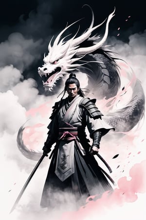 masterpiece drawing in a soft pink hue. A stunning and minimalist ink wash illustration of a samurai standing defiantly in front of a magnificent dragon. The samurai wears traditional armor, and his face is hidden behind a ritualistic mask. The dragon, with a fierce gaze, is portrayed with elegant strokes, using light white and dark gray tones. The background is simple and evokes a feeling of tranquility. The artwork is reminiscent of gongbi painting techniques, combining elements of witchcore and conceptual art, resulting in a breathtaking masterpiece.