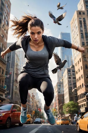 A captivating and enigmatic movie still portrays a young woman in athletic attire, boundlessly leaping over cars and seamlessly executing parkour moves across the bustling city streets. Her focused, determined expression radiates as she masterfully navigates the urban jungle with finesse and agility. The background presents a cacophonous cityscape, teeming with honking horns, exasperated drivers, and pigeons fluttering in disarray. The artist's deft touch brings to life the dynamic composition and intricate rendering, emphasizing the protagonist's athleticism and the kinetic energy of her surroundings, dynamic, urban, detailed, energetic, chaotic cityscape.