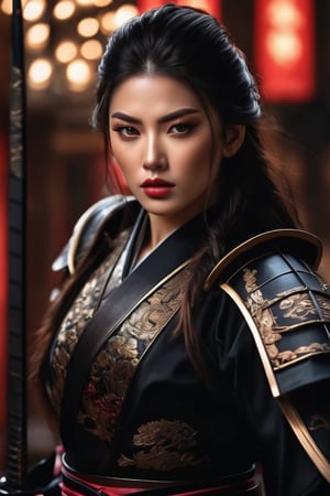 ((masterpiece)), ((best quality)), (((photo Realistic))), (portrait photo), (8k, RAW photo, best quality, masterpiece:1.2), (realistic, photo-realistic:1.3). A striking 8k portrait of a gorgeous alluring woman in a black sexy samurai suit, showcasing her toned body and long dark hair. She has dark, intense eyes and a goddess's face. The woman wields a long gleaming katana at dynamic jumping action pose and is adorned in intricate, maximalist transparent attire. The background is a blend of dark and light tones, with a nod to anime-inspired elements. This stunning artwork is trending on ArtStation and is a masterpiece by the talented artist, Artgerm.,samurai