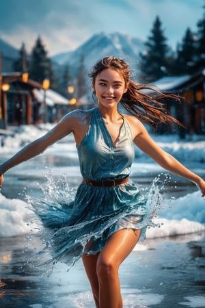 ((masterpiece)), ((best quality)), (((photo Realistic))), (portrait photo), (8k, RAW photo, best quality, masterpiece:1.2), (realistic, photo-realistic:1.3). medium close-up shot of a cheerful beautiful girl, dancing, drkms, on thin Ice, drkms, water-bender, splashes, charybdis, sharp focus, intricate detail, kris kuksi,natural beauty 