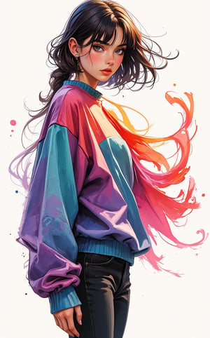 A stunning illustration of a young alluringly beauty woman standing gracefully, wearing an oversized sweater with one shoulder exposed, rendered in the bold, textured brushstrokes of Leonid Afremov combined with the fluidity of ink washing. The sweater is painted vibrant colors, cyan, purples, coral and oranges, sweeping fabric is caught in the wind, swirling around her in expressive, thick strokes of paint. The flowing material dances through the air, creating a sense of dynamic motion and energy. The vibrant ink brings a subtle, ethereal quality to the swirling fabric, blending into soft, flowing gradients.The background is minimal, allowing the vibrant sweater and soft ink washes to stand out, as the combination of the great artist Afremov’s energetic style.