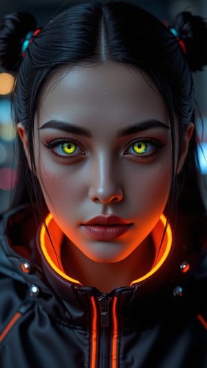 Pretty model with vibrant neon-colored eye, focusing on intense black eyeshadow, glowing orange collar of a high-tech jacket visible, cyberpunk-inspired hairstyle with subtle colored highlights, background showing blurred city lights at night, piercing gaze directly at the camera, photorealistic, 4K, rich detailing. Perfect face, simetrical face, simetrical eyes, ultra detailed, sharp focus, 8k, high definition, insanely detailed, 