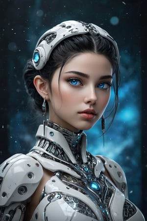 hyperrealistic, a masterpiece, (1girl), (full body), (futuristic sci-fi glassy body with gleam white mecha), Beautiful young girl, symmetrical eyes, realistic facial expression, sharp focus, HD, highly detailed l. Birth of Venus, with pure white shiny translucent Egyptian Arab skin android with large tribal tattoo, digital tattoos and cyberware augments on a deep sea of stars and nebula, Botticelli style, blue crystal eyes, advanced humanoid robot, braided hair. heavy snowing ice kingdom background.