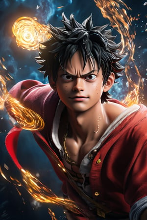 hyperrealistic, a masterpiece live-action movie poster. A breathtakingly realistic image of Monkey d. Luffy in his God Nika form, radiating an otherworldly aura. Showcase his chiseled physique, wild curly hair, and beaming smile. Utilize advanced techniques to capture subtle lighting, texture, and divine attire details. Exude an atmosphere of awe-inspiring wonder, as if Luffy is about to unleash divine energy. Bring this extraordinary visual to life with 3D rendering and meticulous attention to detail.