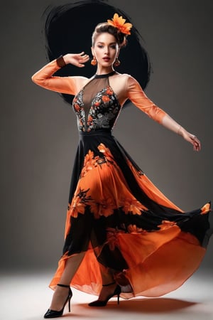 ((masterpiece)), ((best quality)), (((photo Realistic))), (portrait photo), (8k, RAW photo, best quality, masterpiece:1.2), (realistic, photo-realistic:1.3), An artistic portrayal of a woman, seemingly in a dance pose. She wears a vibrant transparent orange and black dress, with the top having a high neckline and the skirt flowing gracefully. Her hair is styled in an elaborate updo adorned with red flowers. The background is abstract, with splashes of orange, black, and white, giving the impression of a dynamic and fiery ambiance.
