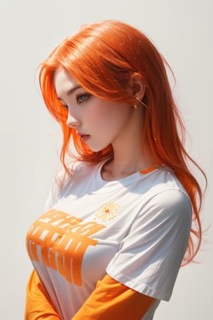 A stunning minimalist illustration featuring a young woman with vibrant orange hair that falls to her mid-length. She is wearing a fitted white t-shirt with orange patches on the sleeves, which are slightly wet and clinging to her body, revealing her form. The background is simple and clean, allowing the focus to remain solely on the woman's captivating appearance.