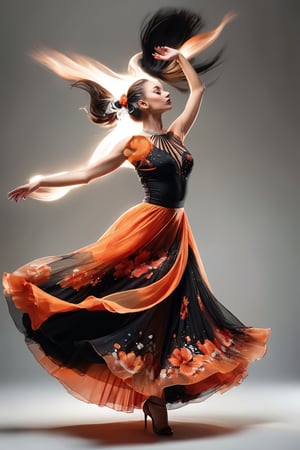 ((masterpiece)), ((best quality)), (((photo Realistic))), (portrait photo), (8k, RAW photo, best quality, masterpiece:1.2), (realistic, photo-realistic:1.3), An artistic portrayal of a woman, seemingly in a dance pose. She wears a vibrant transparent orange and black dress, with the top having a high neckline and the skirt flowing gracefully. Her hair is styled in an elaborate updo adorned with red flowers. The background is abstract, with splashes of orange, black, and white, giving the impression of a dynamic and fiery ambiance.