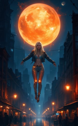 An enchanting urban fantasy scene of an anime woman with long platinum blonde hair and piercing bright eyes. She is dressed in glowing jeans and a leather jacket, with her arms outstretched as if embracing the world. The woman is defying gravity, floating in the warm glow of a massive, fiery orb hovering above a bustling city street plunged into night. The streetlights cast a dim, blue hue over the scene, and the cityscape is filled with a mix of towering skyscrapers and old-world charm. The overall ambiance is mystical, with a sense of awe and wonder.