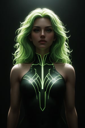 The Neon Wireframe Enchantress of a young alluring goddess. A stunning and evocative epic movie still featuring a futuristic enchantress adorned with a dress and cape made of mesh wireframe in bright neon yellow fibers. The bright goddess with glowing hair intertwined into the futuristic neon background. The lines, an intricate network of shining threads, intertwine forming geometric patterns that glow intensely under the light, creating a hypnotic and electrifying visual effect. The artwork masterfully combines digital rendering with portrait photography, immersing the viewer in a fascinating and technological visual experience. The vibrant contrast between the neon wireframe and the dark, abstract urban landscape background creates a captivating atmosphere that leaves a lasting impression. Adda Barrios' name is prominently displayed, highlighting her extraordinary talent, versatility, and artistic vision, all exhibited in the fields of fashion, ,mad-cyberspace