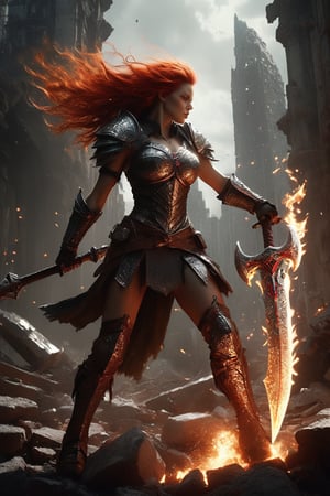 ((masterpiece)), ((best quality)), (((photo Realistic))), (seductive:1.3), Epic live-action movie still. A breathtaking high-resolution full body portrait of a powerful female fighter, chopping a titan amidst the ruins of a fallen city. The dynamic low-angle view focuses on the glowing colossal battle-axe breaking the screen of the viewer. The remnants of skyscrapers surround her, a somber reminder of the battles she has fought and won. Her armor, a stunning combination of blackened steel and scarlet accents, clings to her muscular form like a second skin, each plate a symbol of her unyielding strength. Her gauntlets, adorned with razor-sharp claws, bear the stains of past victories. Her fiery red hair dances wildly in the relentless wind, framing her weathered and determined face, where her blazing green eyes burn with an unquenchable fire. In her grasp, she holds a colossal battle-axe, its gleaming blade radiating a deadly light. ,glitter,xxmix_girl,Expressiveh