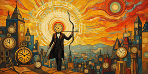 A modern art masterpiece with a abstract description of a radiant sun with golden outlines, a symbol of life and energy.  A surreal illustration of a warrior with a head made of a clock. He is wearing a suit and tie. The man is holding a bow and arrow. The background is a city with buildings made of clocks. There are smaller clocks scattered around the ground. The sky features a blend of geometric patterns in various vibrant shades, evoking a sense of illusion and sophistication. The overall composition is imbued with Klimt's signature style, creating a harmonious balance of color, texture, and form, conceptual art of dadaism.