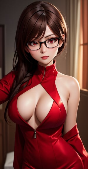 A stunning digital illustration of the Russian streamer Etobogema, dressed as Ada Wong from Resident Evil. She has dark brown hair, brown eyes, and glasses, with a mysterious and alluring expression. Etobogema wears a red dress with a plunging neckline and a matching red blazer, exuding confidence and style. The background is dimly lit, creating a suspenseful atmosphere, while the focus remains on the captivating character.,Detail
