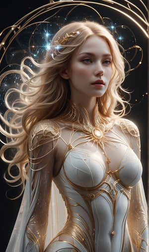 A futuristic young alluring woman with long golden hair. "The Luminous Wireframe Sorceress" is an impressive and evocative digital artwork, featuring a luminous sorceress adorned with a dress and cape made of mesh wireframe in bright white strands. The glowing lines, an intricate web of shining white strands, intertwine forming ethereal geometric patterns that glow and radiate intensely under the light. The piece masterfully combines digital rendering with portrait photography, immersing the viewer in a hypnotic and magical visual experience. The striking contrast between the white wireframe strands and the dark, mysterious background of a nebulous landscape creates a charming atmosphere that leaves a lasting impression. 