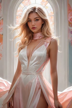 A breathtaking high-resolution digital painting by Artgerm and Augusto, masterfully blending the artistic styles of Guweiz and Alexey Egorov. The centerpiece of the composition is Angelica, a 21-year-old tall, preppy light blonde woman. She is dressed in a pastel white, pink, and orange thin silk Emilio Pucci slip dress. She captivates the viewer with her inviting pose, leaning forward with her hands together, exuding a playful charm. The artwork showcases exquisite details and flat shading, resulting in a vivid color palette that incorporates a pastel swirl of white, pink, and orange in the background, matching Angelica's dress.