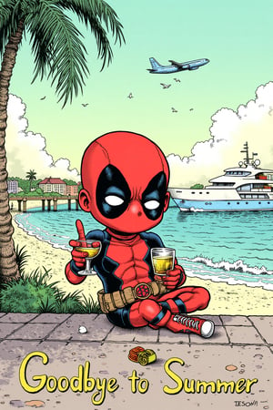 A whimsical and enchanting illustration of chibi deadpool. Deadpool is sitting on the edge of a private and luxurious beach. He is enjoying a glass of fine Scotch whiskey. Deadpool is wearing a pair of Rayban sunglasses, red and black costume with the icon red and black sneakers. luxurious beach setting. The sky is a hypnotic mix of sun and clouds, with a plane flying overhead, a large luxury yacht parked at the pier, and birds flying nearby. The phrase "Goodbye to Summer" is elegantly written in golden cursive letters at the bottom, adding a touch of fashion and elegance to the creative illustration.