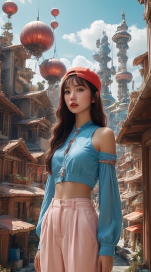 An exquisite 8K resolution image of a captivating sexy young girl. A young woman with a contemplative expression. She wears a light blue crop top with a graphic of a fish and a pinkish-red hat. Her attire is complemented by beige cargo pants and she has a red sling bag draped over her shoulder. Behind her, an intricate and imaginative architectural structure emerges, resembling a floating city or a dreamlike realm. This structure is adorned with various buildings, bridges, and other architectural elements, all intertwined with wires and cables. Floating around this structure are small objects, including a spherical object with plants, a flying saucer, and other miscellaneous items. The overall color palette of the image leans towards warm tones, with the woman's skin and the structures in the background being the most prominent.