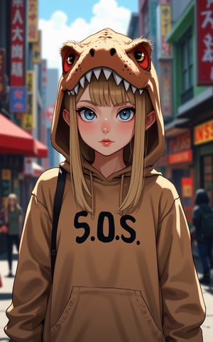 Ghibli studio anime style. A young college girl, blonde hair, blue eyes, standing in the middle of a bustling street. She is wearing a playful hoodie with a hood designed to resemble a plush T-rex head with cute, rounded teeth and spines along the top, giving it a toy-like appearance. The word 'S.O.S ' is written prominently on the front of the hoodie. Dramatic lighting emphasizes her lustful expression.