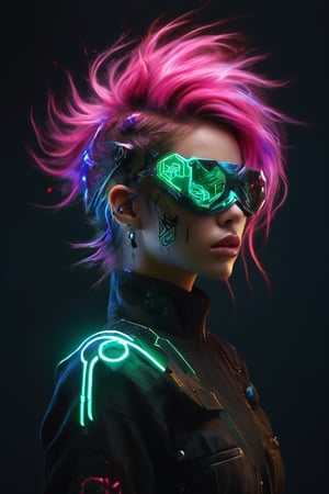 ((masterpiece)), ((best quality)), (((photo Realistic))), (8k, RAW photo, best quality, masterpiece:1.2), (minimalist). A mesmerizing image of a cyberpunk anarchist clad in high-tech gear. The strong anarchist's outfit features rough, jagged, and heavily scarred designs that emit a wild, pulsating glow, with each element illuminated by intense, chaotic hues of neon green and yellow. The gear seamlessly blends 3D rendering, illustration, and vibrant colors, creating a fierce and frenetic dance of light. The background is filled with abstract shapes, jagged lines, and chaotic splashes, adding to the dynamic and rebellious atmosphere. The pristine white background contrasts sharply with the bold and striking colors, highlighting the anarchist's formidable presence in the neon-lit urban chaos.
