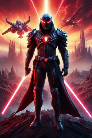 A captivating and powerful movie poster of a dark-armored hero, reminiscent of a futuristic ypung Spider-Man, standing against a dramatic, cloudy, and fiery sky. The gorgeous powerful hero, with glowing eyes and a chest emblem, wears a sleek, advanced neon armor adorned with sharp, angular designs that highlight the sci-fi aesthetic. Wielding a vibrant red lightsaber, the unique hero seamlessly blends science fiction and fantasy in this intense and action-packed scene. The background showcases a dystopian world with war machinery, including a car and plane, engulfed in flames. Hans Darias AI has masterfully crafted this visually striking masterpiece, encapsulating the essence of heroism and power in a chaotic, post-apocalyptic landscape.,Movie Still,LegendDarkFantasy