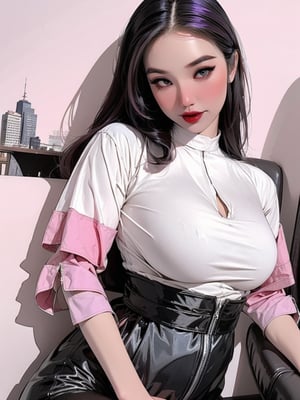 lustful, thigh up body, 1girl, ((masterpiece)), ((best quality)), (((photo Realistic))), A stunning, super-realistic 3D render of a young, twenty-year-old woman with violet hair, dark mascara, and pink lipstick. She wears a casual outfit of a white shirt and jeans, holding a sketchbook filled with names, hinting at her artistic or architectural talents. The background features a breathtaking city skyline, bathed in the warm hues of a vibrant sunset. This highly detailed 8K quality 3D image captures the essence of a cinematic, photo-like scene in the heart of the city.