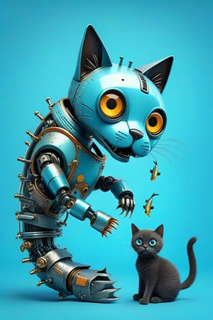 A whimsical realistic 3D art design. Close-up image of a robot hand feed a cat. A blue, worn, rusted in places robotic mechanical arm, with warning labels warning of danger, holds a silver herring by the tail, hanging vertically upside down. A black fluffy cat looks at the fish with big eyes with pleasure. light azure solid background, creative illustration, conceptual art, dadaism