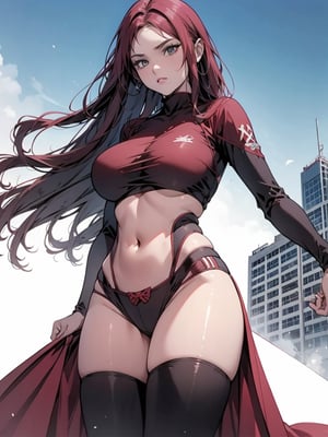 A visually stunning 3D render of a futuristic comic book cover that exudes action, drama, and suspense. The female protagonist, exuding confidence and determination, stands tall in a captivating red and black ensemble with intricate details. Wielding a sleek, high-tech weapon, her fiery gaze pierces through the darkness. The dystopian cityscape in the background, with its towering, anime-inspired structures, adds to the sense of urgency. The piece is rendered with an impressive level of realism and urgency, immersing the viewer in a cinematic experience. This enchanting work of art seamlessly blends anime, illustration, and 3D rendering to create a transportive and unforgettable visual masterpiece.