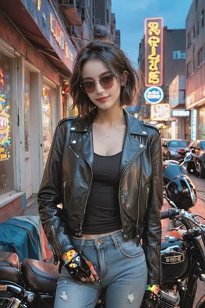 A young alluring smile woman. A brutal girl with short hair, dressed in a black leather jacket and skinny jeans, stands on the street of the night city. She leans on her vintage motorcycle, parked next to the neon signs of bars and clubs. Her sunglasses reflect the bright lights of the city, and leather gloves accentuate her brutal image. High-rise buildings dotted with windows with lights on are visible in the background. The sky is covered with dark clouds, foreshadowing a storm, and only a few stars break through them. All the colors in the painting are smoothed and muted, except for the bright blue neon and the warm light of the windows in the background, fashion