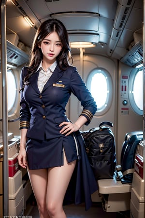(masterpiece, top quality, best quality, official art, beautiful and aesthetic:1.4), hdr, high contrast, wideshot, 1girl, bun black hair with bangs, light smile, clearly brown eyes, soft lightly makeup, ombre lips, hourglass body, slender fit figure, large breast, (stewardess theme:1.5), finger detailed, background detailed, ambient lighting, extreme detailed, cinematic shot, realistic ilustration, (soothing tones:1.3), (hyperdetailed:1.2), crop mini skirt, very seductive uniform, curvy pose, lean forthward
,Squatting ,bent over and from front
