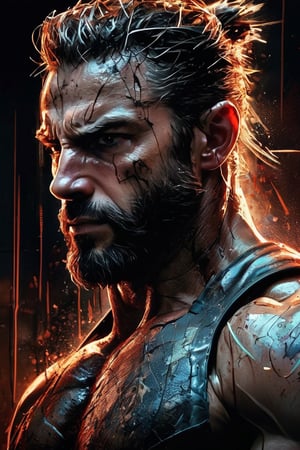 Hyper-realistic movie still of Logan, known as young Wolverine, a brand new version superhero hybrid of venom, designed with Dan Hipp's trademark blending of photo-realism and fantastical textures. Wolverine's grizzled face and muscular physique displayed with forensic detail, minor scars and bruises lending gritty verisimilitude. His adamantium claws extended in a combative stance, razor-sharp steel glinting under neon signs of a gritty alleyway. Subtle luminescent threads pulse through muscles and between armor plating like circuitry, smooth, sharp focus, art by Carne Griffiths and Wadim Kashin, unique design suit, award winning photography, masterpiece movie poster.