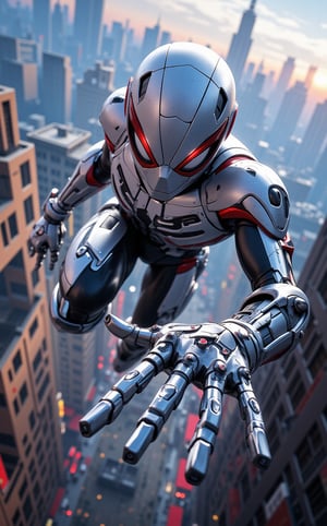 Ghibli studio anime style, a striking photo taken from a low-angle perspective view, focus on the spiderman's hand while he ijumping down from a high building. Spider-Man hybrid the style of Ultron, gleaming silver white armor with glitter lights and a hyper-realistic advanced joint parts, poised on mid-air, unreal engine-powered aesthetic. Casting unexpected super power.