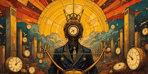 A modern art masterpiece with a abstract description of a radiant sun with golden outlines, a symbol of life and energy.  A surreal illustration of a warrior with a head made of a clock. He is wearing a suit and tie. The man is holding a bow and arrow. The background is a city with buildings made of clocks. There are smaller clocks scattered around the ground. The sky features a blend of geometric patterns in various vibrant shades, evoking a sense of illusion. The overall composition is imbued with Klimt's signature style, creating a harmonious balance of color, texture, and form, conceptual art of dadaism and minimalist.