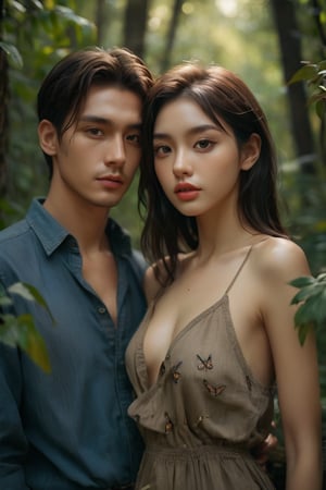 Passionate couple portrait, (man and woman:1.3) in rags, masterpiece, high quality, solo focus, whole body, at a high angle, (perfect face: 1.3) complex (great detail: 1.3) body, closed navel, closed, eyes up, extremely detailed eyes and face, piercing gaze, big eyes, forest in the background, dense forest, butterflies, fireflies, Nikon d850 4 kodak portra 400 camera, f1. 6 lens, rich colors, hyperrealistic texture, dramatic, unreal engine, cinematic lighting,  is trending on Artstation