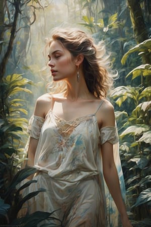 hybrid realistic painting and vintage lithograph style, oil on canvas, impressionist tendencies, delicate painting of a beautiful gypsum woman in an ethereal rainforest, expressive delicate thin brushstrokes, full-body, in the style of fantasy art
