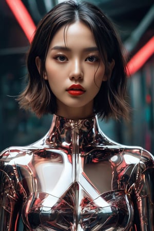 hyperrealistic, a masterpiece, (1girl), (full body), (futuristic sci-fi glassy transparent bodysuit with hollow crop cut), Beautiful young Korean woman, kpop idol, (Cute Loose Bob hairstyle), symmetrical eyes, realistic, sharp focus, HD, highly detailed, intricate, photography, hyperrealism, hyperrealistic, film, studio portrait, detail, dramatic lighting, (red lips), (small breasts), (toned stomach), smooth, sharp focus, art by Carne Griffiths and Wadim Kashin, unique design suit, award winning photography, masterpiece movie poster