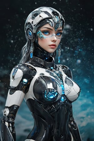 hyperrealistic, a masterpiece, (1girl), (full body), (futuristic sci-fi glassy body with gleam white mecha), Beautiful young girl, symmetrical eyes, realistic facial expression, sharp focus, HD, highly detailed l. Birth of Venus, ice princess, with pure white shiny translucent Egyptian Arab skin android with large tribal tattoo, digital tattoos and cyberware augments on a deep sea of stars and nebula, Botticelli style, blue crystal eyes, advanced humanoid robot, braided hair. heavy snowing ice kingdom background.