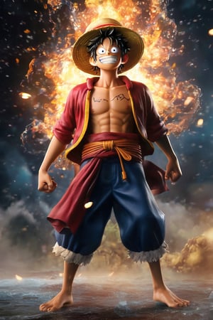 hyperrealistic, a masterpiece live-action movie poster. A breathtakingly realistic image of Monkey d. Luffy in his God Nika form, radiating an otherworldly aura. Showcase his chiseled physique, wild curly hair, and beaming smile. Utilize advanced techniques to capture subtle lighting, texture, and divine attire details. Exude an atmosphere of awe-inspiring wonder, as if Luffy is about to unleash divine energy. Bring this extraordinary visual to life with 3D rendering and meticulous attention to detail.