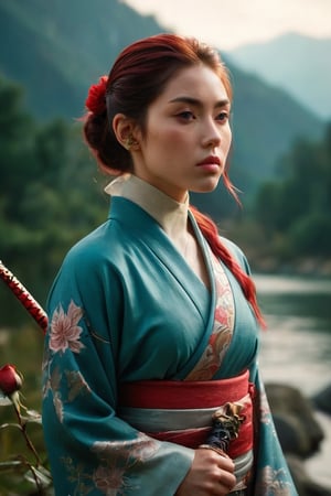 Aqua, a stunning young woman, stands confidently against a warmly lit background. A captivating cinematic portrait of a female warrior in a serene landscape, with misty mountains in the background. She stands tall in a traditional kimono, adorned with intricate tattoos covering her upper body. Her sword with a golden hilt is held confidently in her hand, while a skull and a single red rose lie beside her. The tranquil garden setting features a calm body of water and lush greenery, creating an atmosphere of both beauty and mystery. The conceptual art piece showcases a powerful and enigmatic figure in a harmonious yet haunting environment., conceptual art, portrait photography, photo, cinematic, 