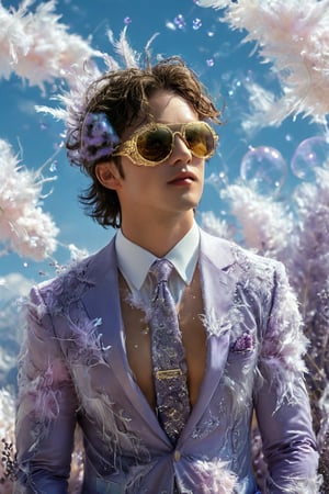 A handsome fit young man in a unique suit, made of fluff feathers, floats in a sky filled with lavender hues. He wears a golden mask that shines with sweet and soft light, reflecting the beauty of the sky. Giant bubbles, filled with dreams and magical landscapes, float around, showing images of crystal trees and mountains made of cotton candy. The atmosphere is ethereal and magical, full of awe and wonder, giving the feeling of being in a place outside of time and space.,Handsome boy,Muscle,powerdef,Movie Still